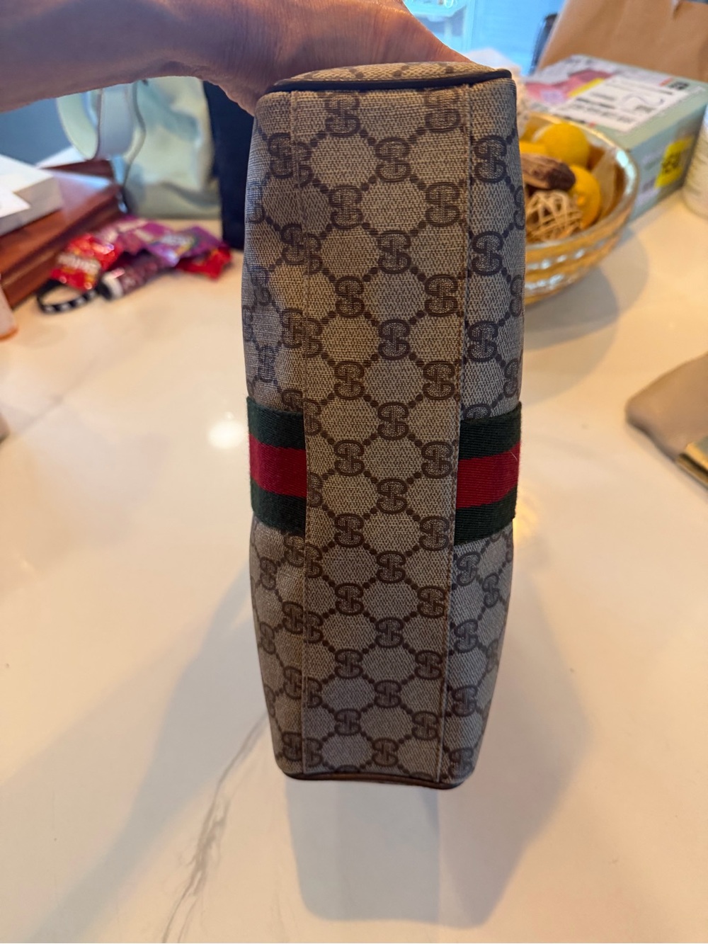 Gucci Beige Monogram Satchel with Green-Red Web Stripe - Picture 5 of 8